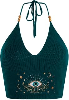 Verdusa Women's Boho Halter Tops Tie Backless Crochet Knit Embroidery Tops