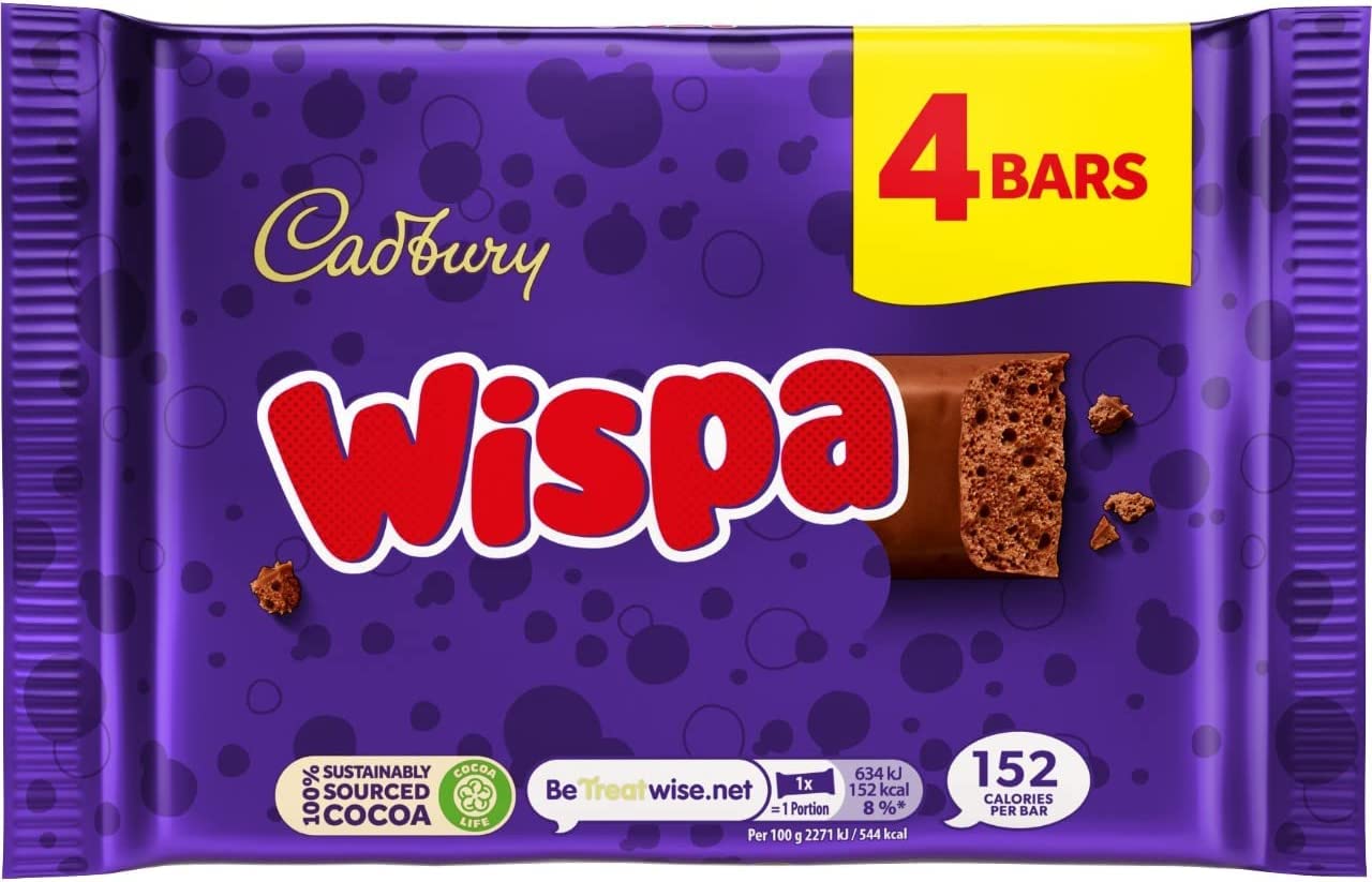 Cadbury Wispa Chocolate Bar, Smooth Milk Chocolate, 4 x 27.9 g (Pack of 1) | Sha