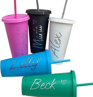 Personalised 24oz 710ml Cold Cup with Straw & Lid – Custom Reusable Tumbler with Name – BPA-Free Plastic Cup for Iced Coffee, Smoothies, Parties & Gifts – Choose Text & Cup Colour