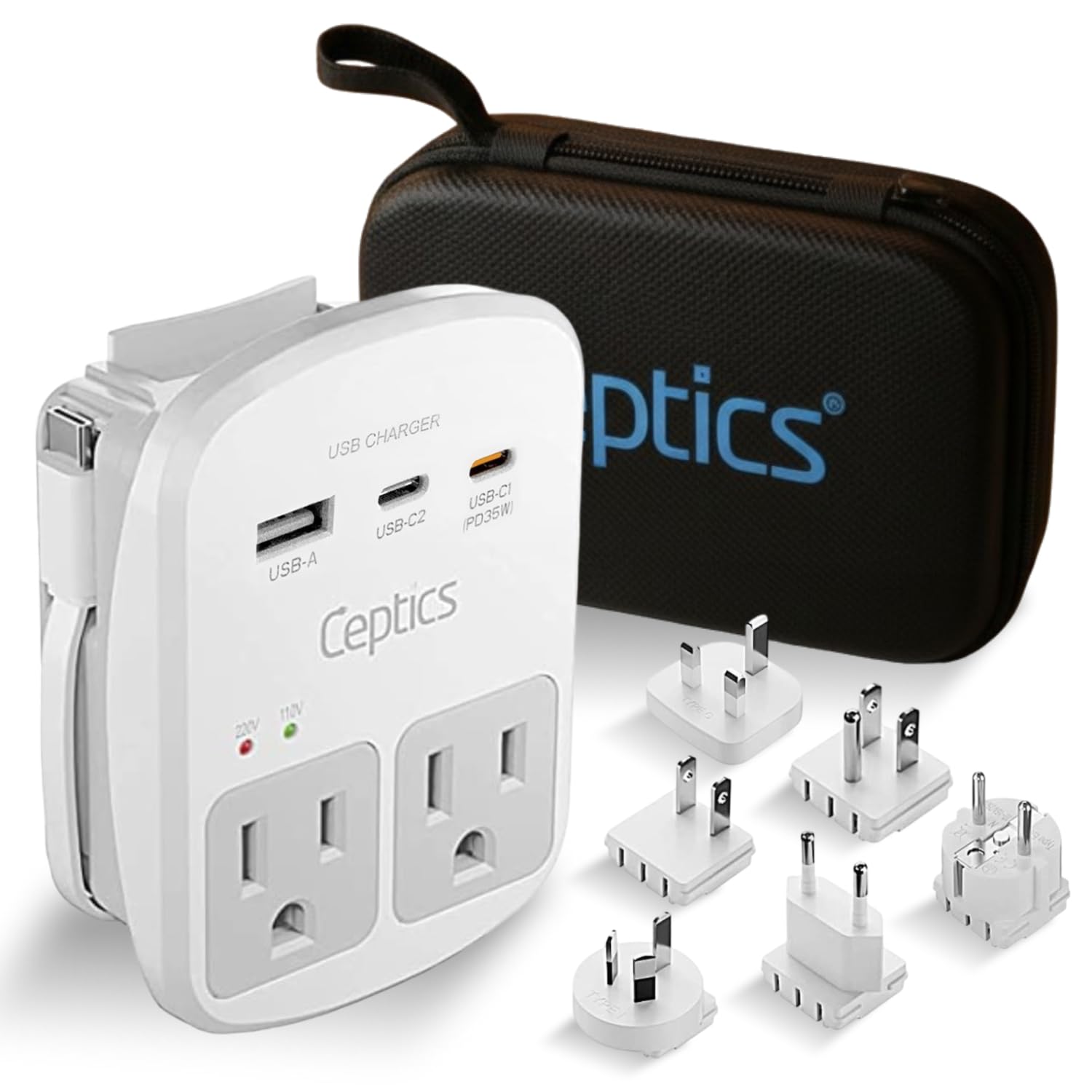 Ceptics 35W Universal Travel Adapter Kit – 2 USA sockets, USB-A, USBC, 1x PD 35W