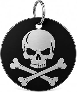 Legendary Personalized Jolly Roger Dog ID Tag, Custom Engraved Aluminum Pet Tag, Pirate Skull Crossbones Design, Nameplate for Dogs, Collar Identification Accessory (Black, Pirate Flag)