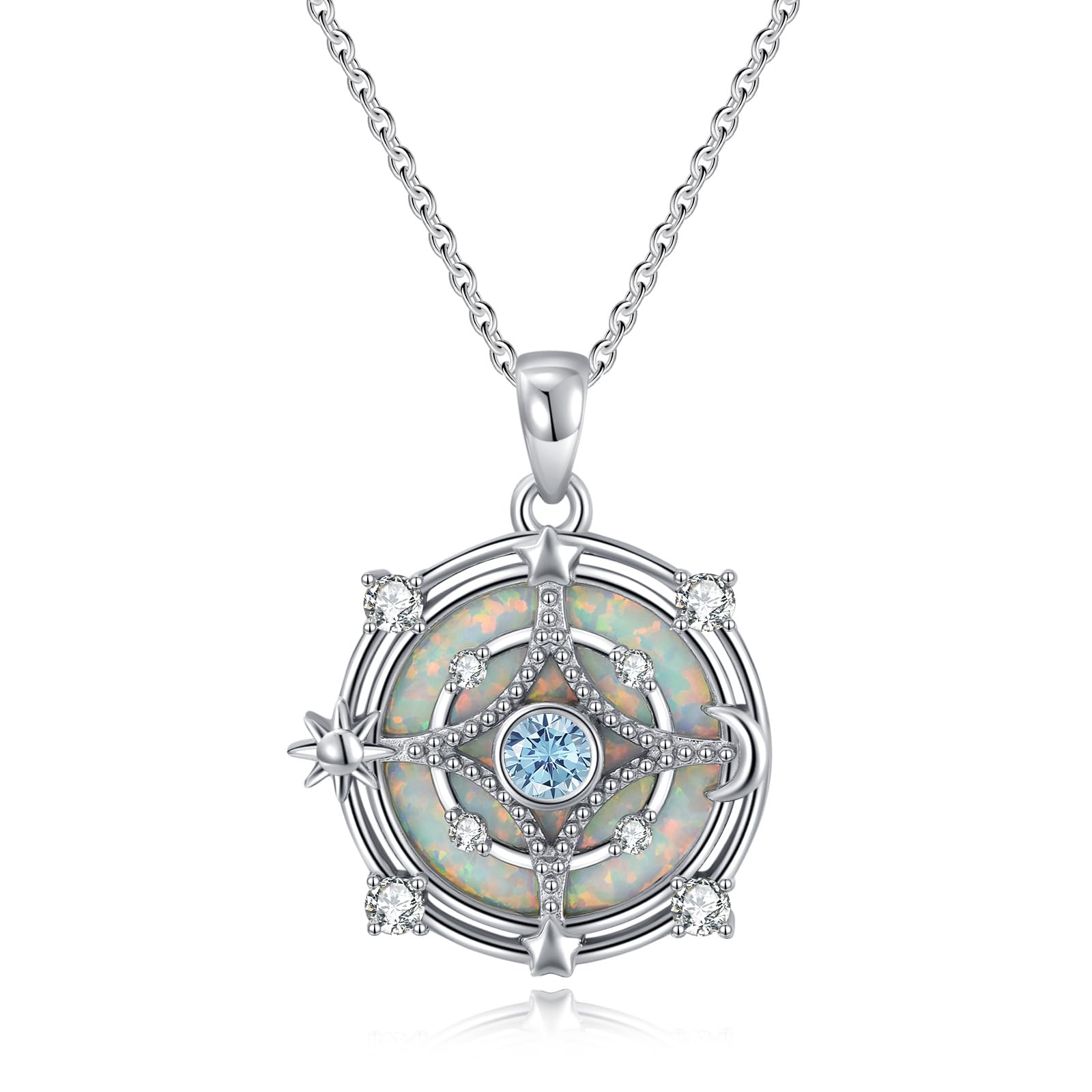 オパールネックレス レディース 誕生石ネックレス 太陽 月 星 ネックレス コンパスネックレス 925スターリングシルバー ホワイトオパールペンダントネックレス