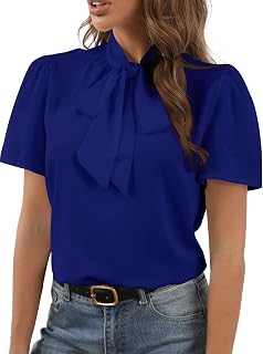Rooscier Women Bow Tie Knot Stand Collar Short Sleeve Elegant Workwear Blouse Shirt Top