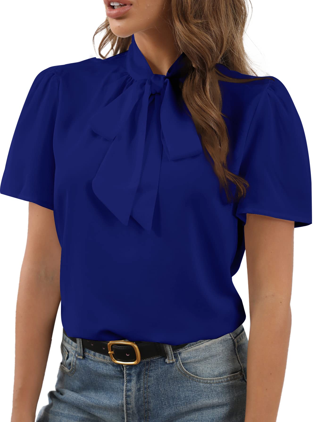 Rooscier Women Bow Tie Knot Stand Collar Short Sleeve Elegant Workwear Blouse Sh