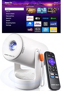 Aurzen Roku TV E1R Smart Portable Mini Projector with Bluetooth and AirPlay | Roku TV Built-in, Upgraded Sound Base, 180° Rotation, Auto Vertical Keystone, 20–120″ Image for Home/Bedroom/Outdoor Movies