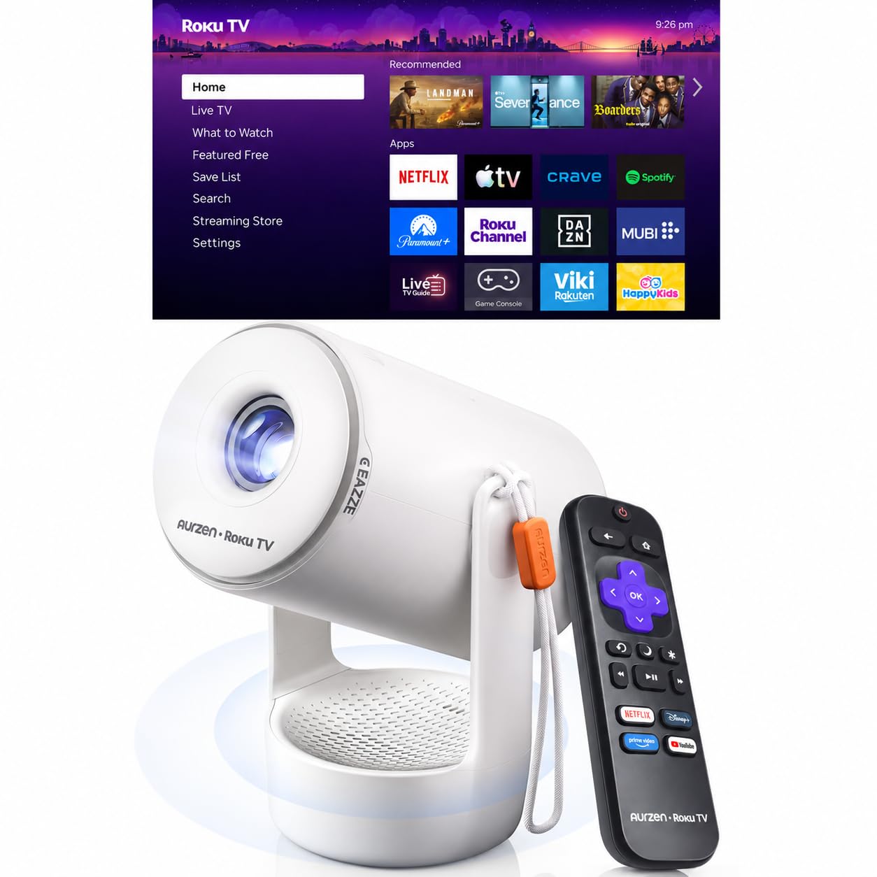Aurzen Roku TV E1R Smart Portable Mini Projector with Bluetooth and AirPlay | Ro
