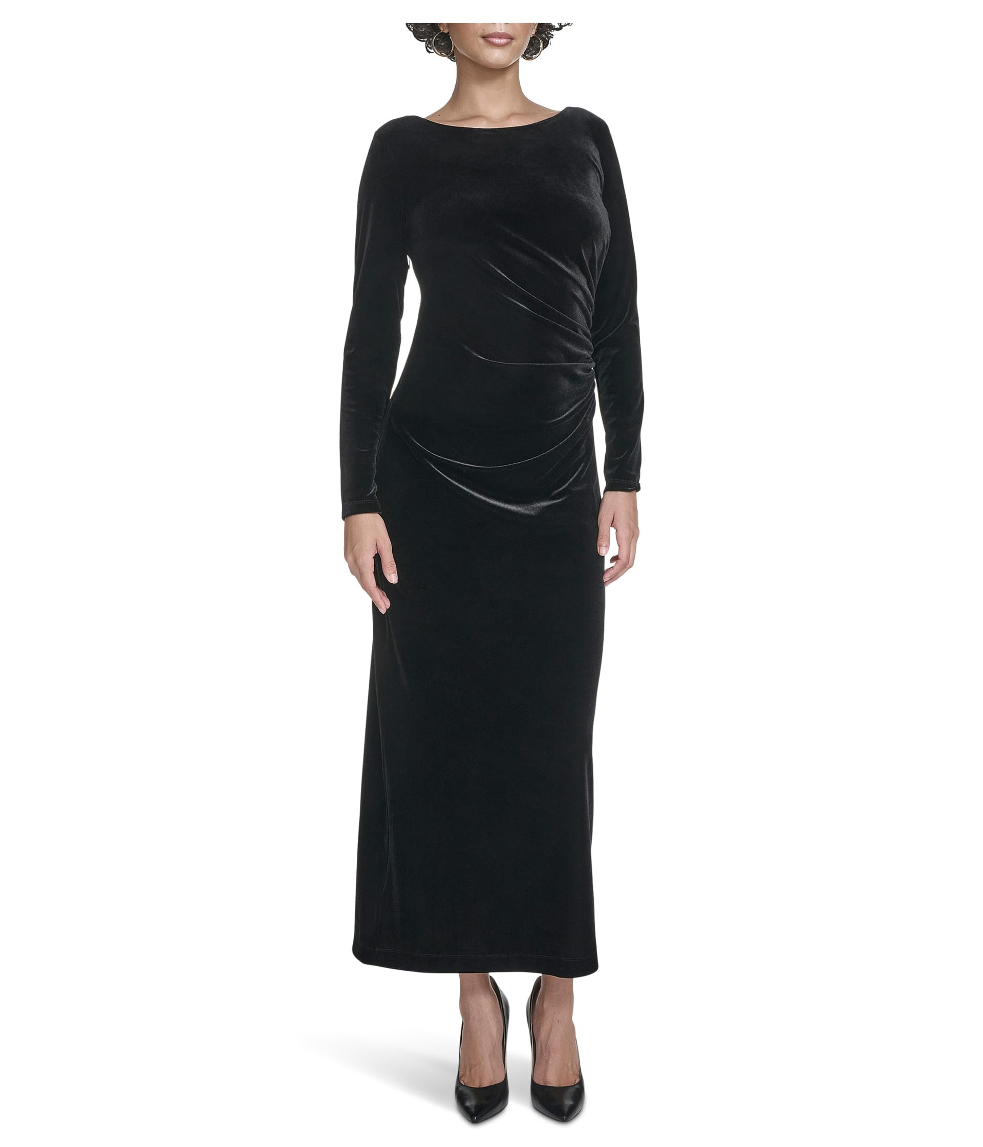 Calvin Klein Women's Long Sleeve Round Neck Velvet Straight Maxi Dress