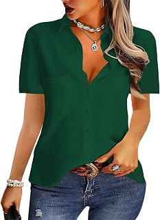 NONSAR Women's Elegant V-Neck Long Sleeve Casual Work Button Down Solid Color Blouse