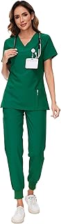 COZYFIT Scrubs for Women Set - Stretch V-Neck & Jogger Pant with 9 Pockets | Yoga Waistband, Water Resistant Workwear, Slim Fit Look, For Nurses, Clinics, Long Shifts, Daily Medical Uniforms