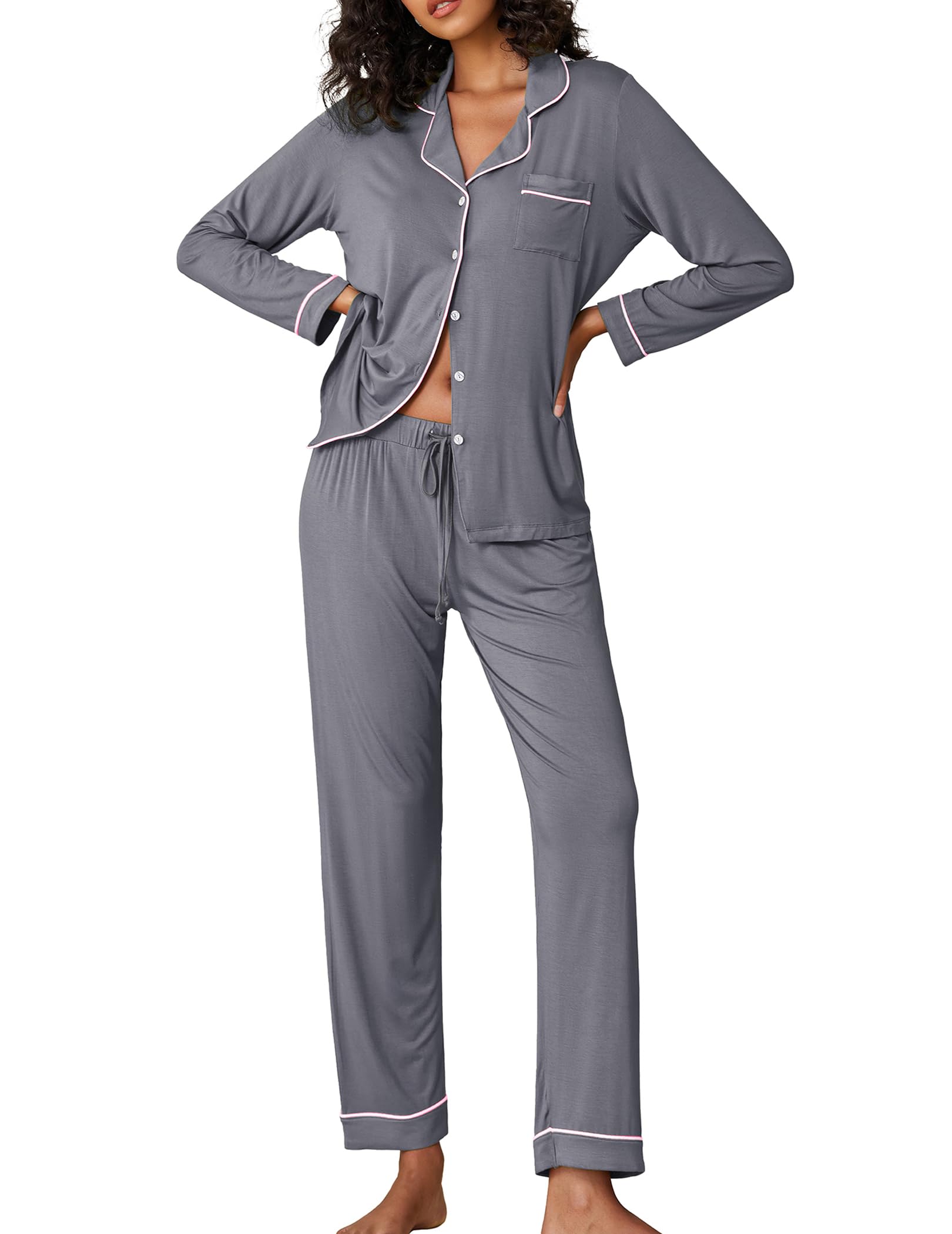 Ekouaer Women's Pajamas Long Sleeve Sleepwear Soft Pajamas Top and Bottom US XS-