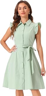 Allegra K Women's Work Office Shirt Dress Ruffle Sleeves Belt Cotton Button Down Midi Dress