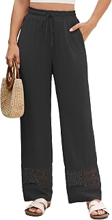 Famulily Pantaloni estivi da donna con coulisse elastica in vita a gamba larga scava fuori ricamare tasche dei pantaloni in pizzo
