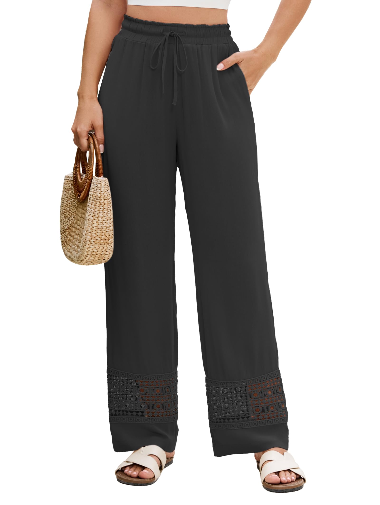 Famulily Pantaloni estivi da donna con coulisse elastica in vita a gamba larga s