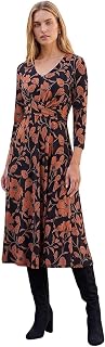 Roman Fit and Flare Dress for Women Ladies Chest Twist Knot Ruched Tea Skater Empire Waist Wedding Guest Smart Casual Swing Midi 3/4 Long Sleeve Knee Length
