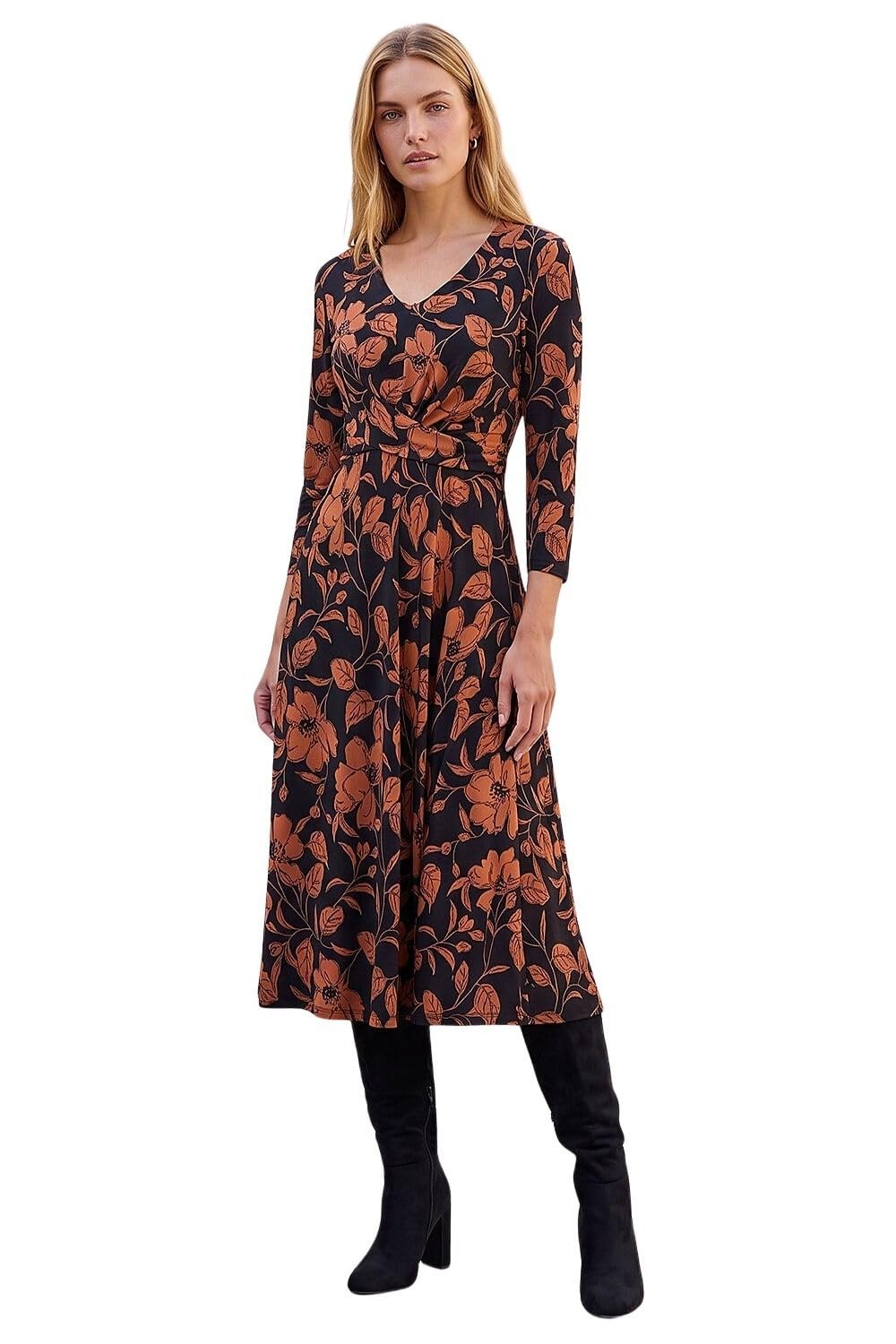 Roman Fit and Flare Dress for Women Ladies Chest Twist Knot Ruched Tea Skater Em