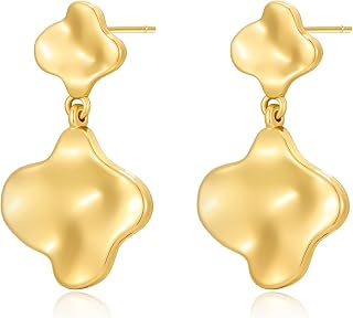 Chunky Flower Earrings for Women 14K Gold Plated Drop Dangle Sectored Leaf Floral Gold Stud Earring Boho Lightweight Statement Jewelry Gifts