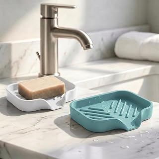 2 Pieces Silicone Soap Dish Holder for Bathroom with Drain Spout - Bathroom Kitchen Sink Organizer, Sponge Holder, Dish Soap Tray, Perfect for Dispenser, Dish Towel