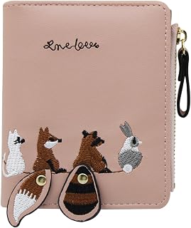 Women Wallet, PU Cute Credit Card Wallet with Zipper and Snap Bifold Wallet Embroidery Pattern for Travel and Work, Pink
