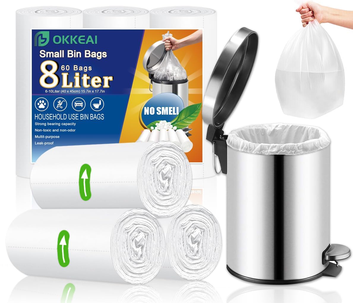 OKKEAI Small Garbage Bags 1.2 Gallon 8L White Garbage Bags 5 Liters Mini Trash B