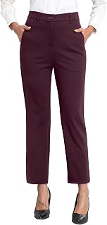 GRECERELLE Women's Work Trousers Elegant Stretch Waist Straight Leg Casual Yoga Trousers with Pockets and Zip