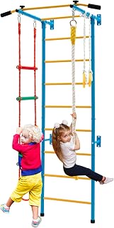 Costzon 5 in 1 Climbing Toys for Toddlers, Indoor Kids Gym for Exercise, Steel Ladder Wall Set with Wall Ladder, Pull-up Bar, Climbing Rope and Gymnastic Rings, Climber Ladder Toys Boys Girls Gift