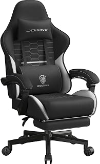 Dowinx Spring Cushion Gaming Chair Breathable Fabric Ergonomic Headrest Swivel Desk Chair with Footrest (Black and White)