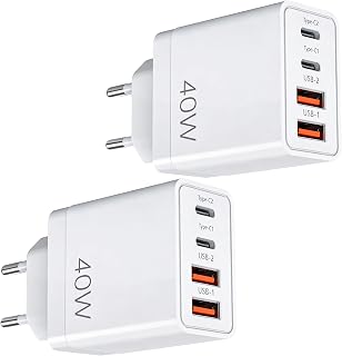 40W EU Travel Charger, European Plug Adaptor with 2 USB C Ports and 2 USB A Ports, Fast Charging UK to Europe Mains Adaptor for iPhone Samsung Smartphones 2PC