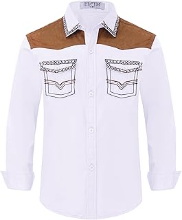 Boy's Western Cowboy Shirt Embroidered Long Sleeve Regular Fit Casual Cotton Button Down Hippie Shirts with Pockets