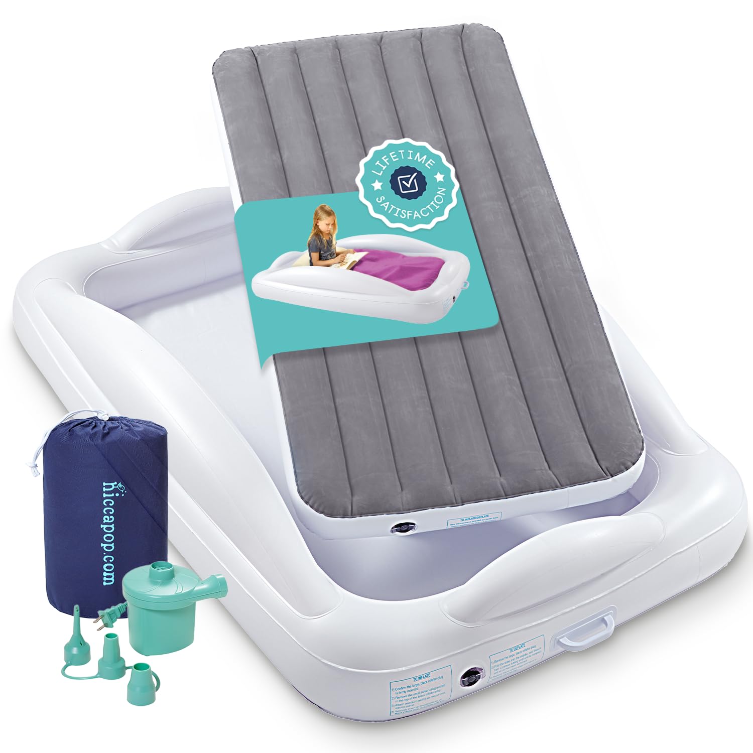 Hiccapop Inflatable Toddler Travel Bed with Safety Bumpers 4-Sided, Grey | Max 3