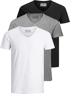 Jack and Jones Men's Basic V-Neck T-Shirt, Pack of 3, Plain, Slim Fit, White, Black, Blue, Grey