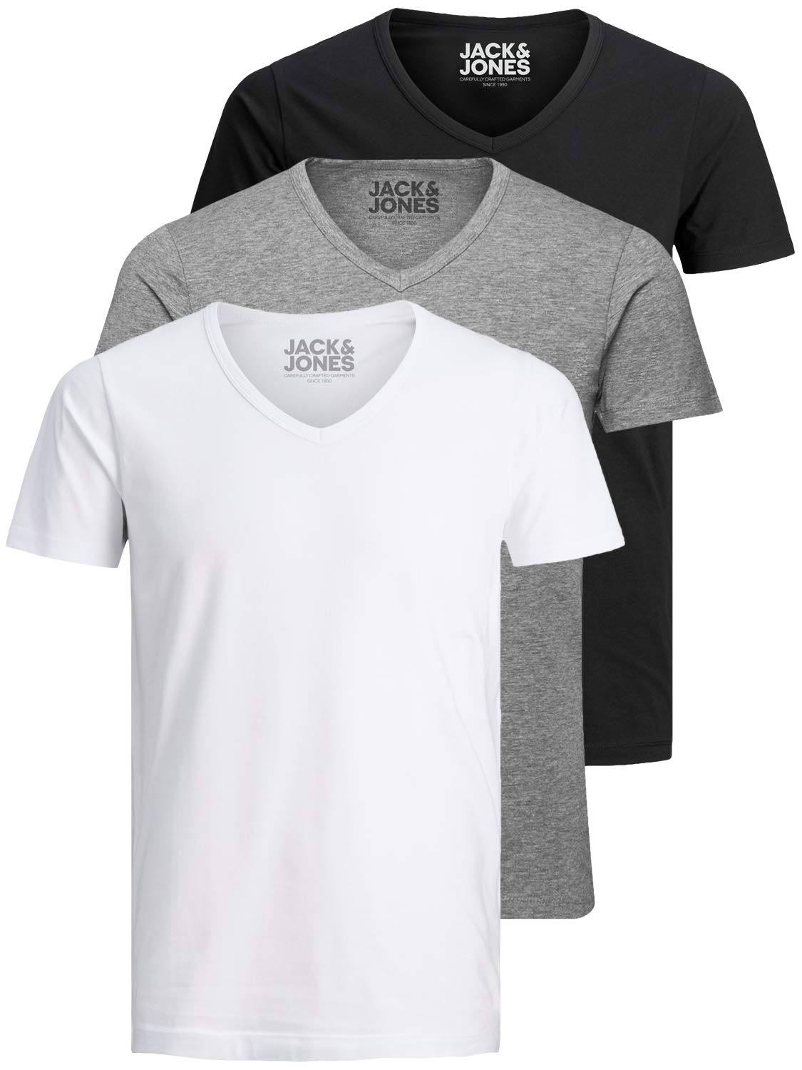 Jack and Jones Men's Basic V-Neck T-Shirt, Pack of 3, Plain, Slim Fit, White, Bl