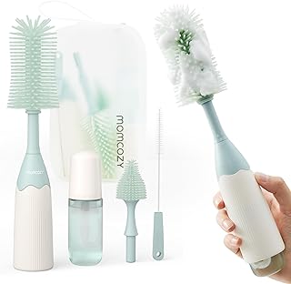 Momcozy Baby Bottle Brush Kit, Push-Press Foam Design, Green | Portable for Home & Travel, Bottle Cleaner Brush for Breast Pumps & Nipple, Newborn Essentials, Food-Grade BPA-Free