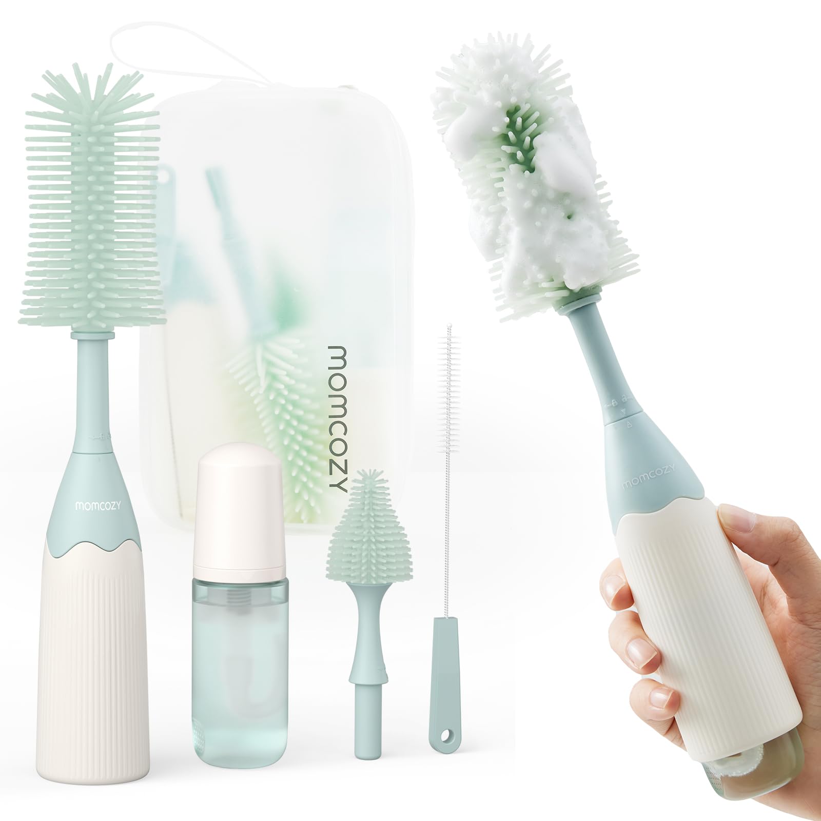 Momcozy Baby Bottle Brush Kit, Push-Press Foam Design, Green | Portable for Home