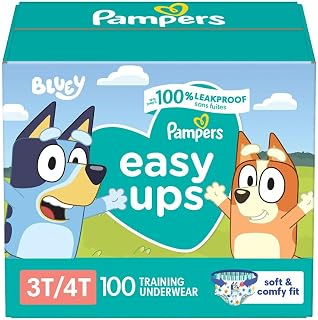 Pampers Easy Ups Girls & Boys Potty Training Pants, Size 5 (3T4T), Bluey Absorbent Training Underwear, Up to 100% Leakproof Day and Night, Hypoallergenic, 1 Pack (Count of 100)