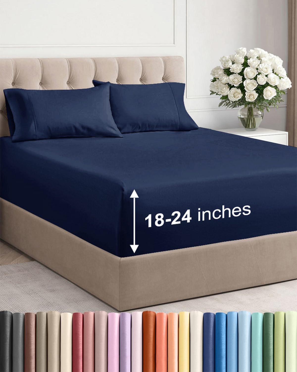 Extra Deep Twin Sheet Set - 4 Piece Breathable & Cooling Sheets - Navy Blue