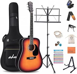 ADM Dreadnought Acoustic Guitar Kit with Free Lesson for Beginner Adult Teen Full Size Acustica Guitarra Starter Bundle Set w/Bag Strap Tuner Capo Pickguard Music Stand Right Hand(Sunburst, 41 Inch)