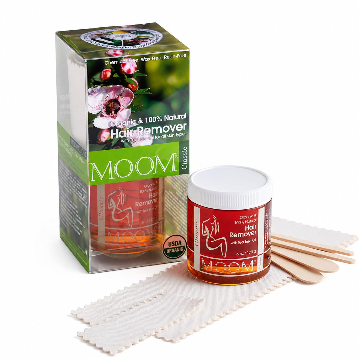 MOOM USDA Organic Sugar Waxing Kit for Women & Men with Tea Tree Oil - 6 oz