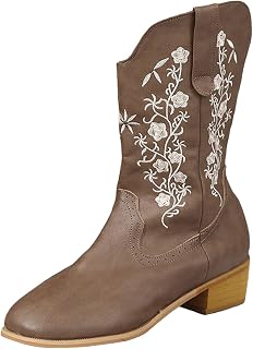 Ulalaza Women's Boots Western Cowboy Boots Mid Calf Cowgirl Boots Block Chunky Heel Embroidered Floral Mid Heel Casual Boots High Pointed Toe Boot Dress Boots Knee High Square Toe Short Booties