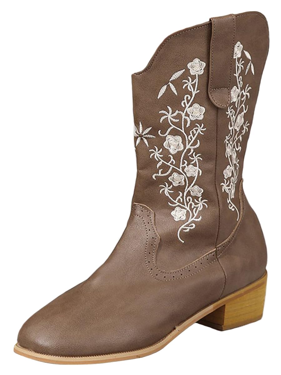 Ulalaza Women's Boots Western Cowboy Boots Mid Calf Cowgirl Boots Block Chunky H
