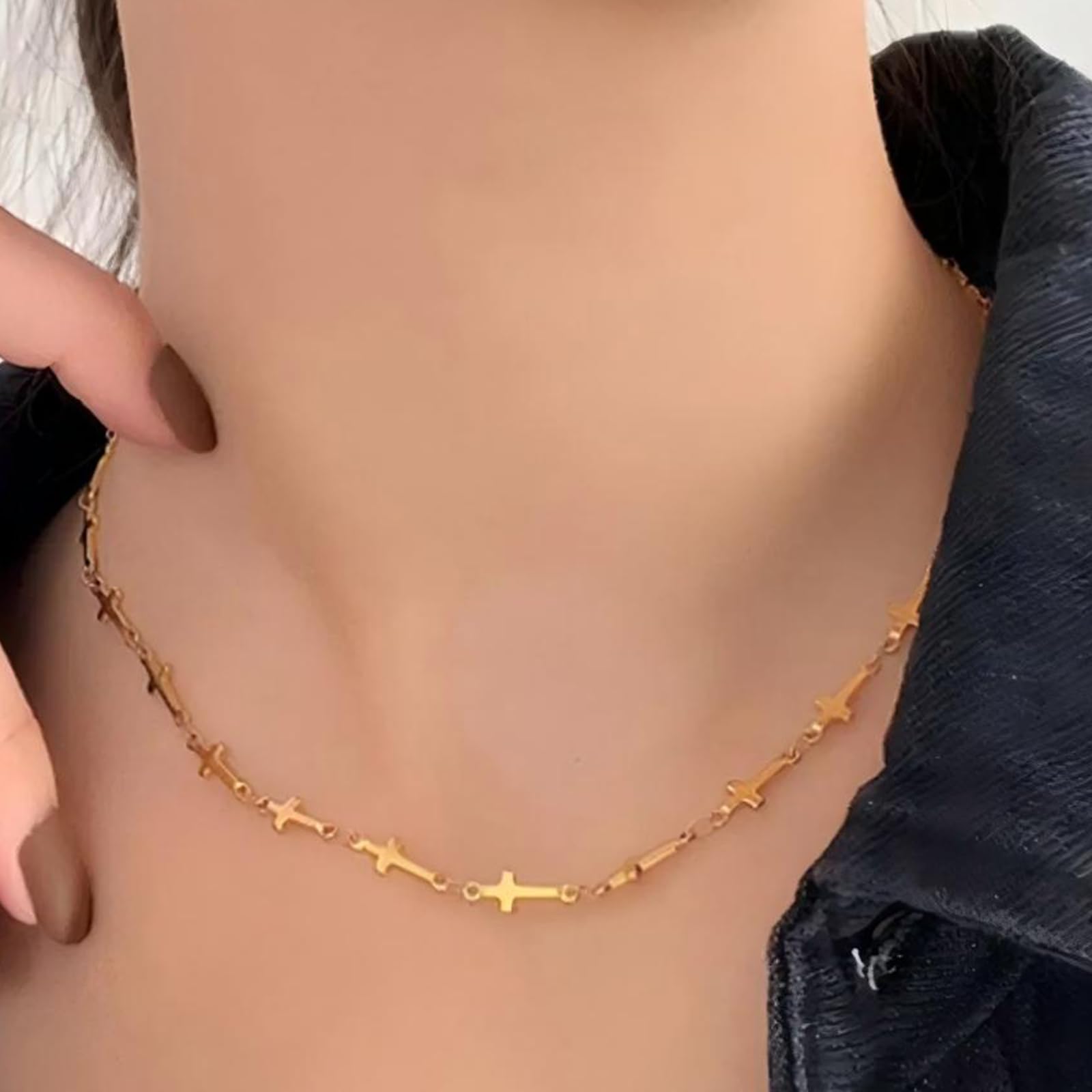 Collana da donna con ciondolo a forma di croce, placcato oro/argento, rosario gi