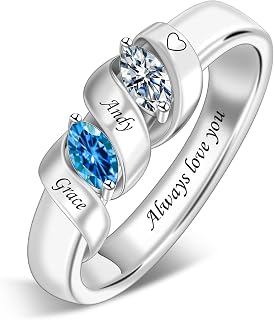 BAUMA AUTO Personalized 1-6 Birthstone Rings Family Mothers Ring Custom Engraved Name Rings for Women Grandma Mom Daughter
