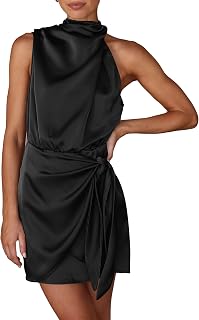 PRETTYGARDEN Ladies Short Dress Formal Satin 2023 Summer Sleeveless Neck Tie Waist Cocktail Party Dresses