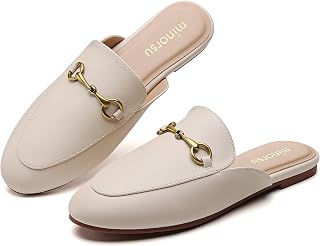 Minorsu Buckle Mules for Women Round Toe Backless Flat Mules Slides Mules Shoes Ladies Slip-on Loafers