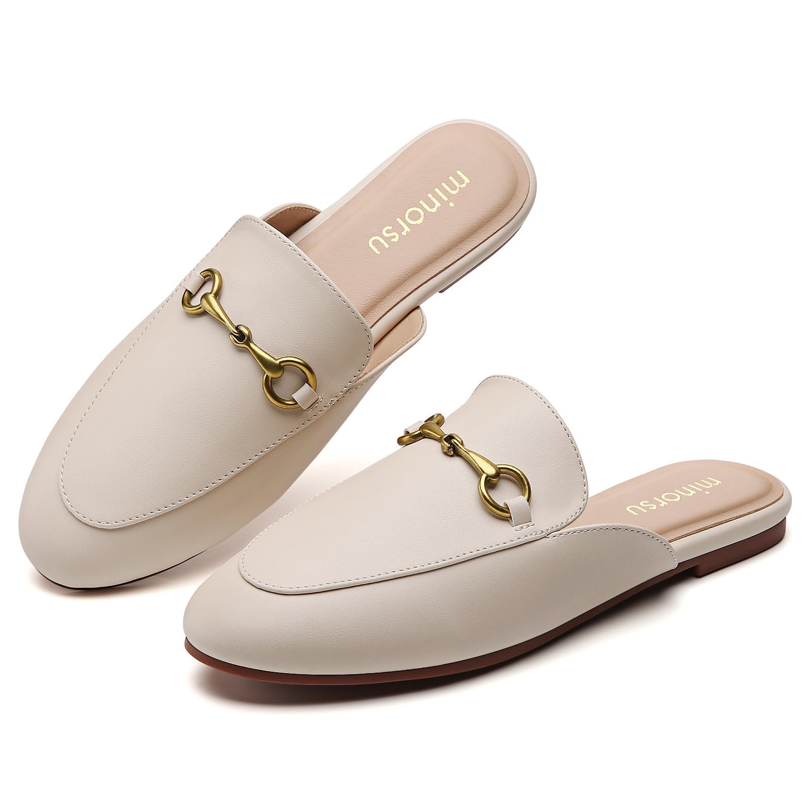 Minorsu Buckle Mules for Women Round Toe Backless Flat Mules Slides Mules Shoes 