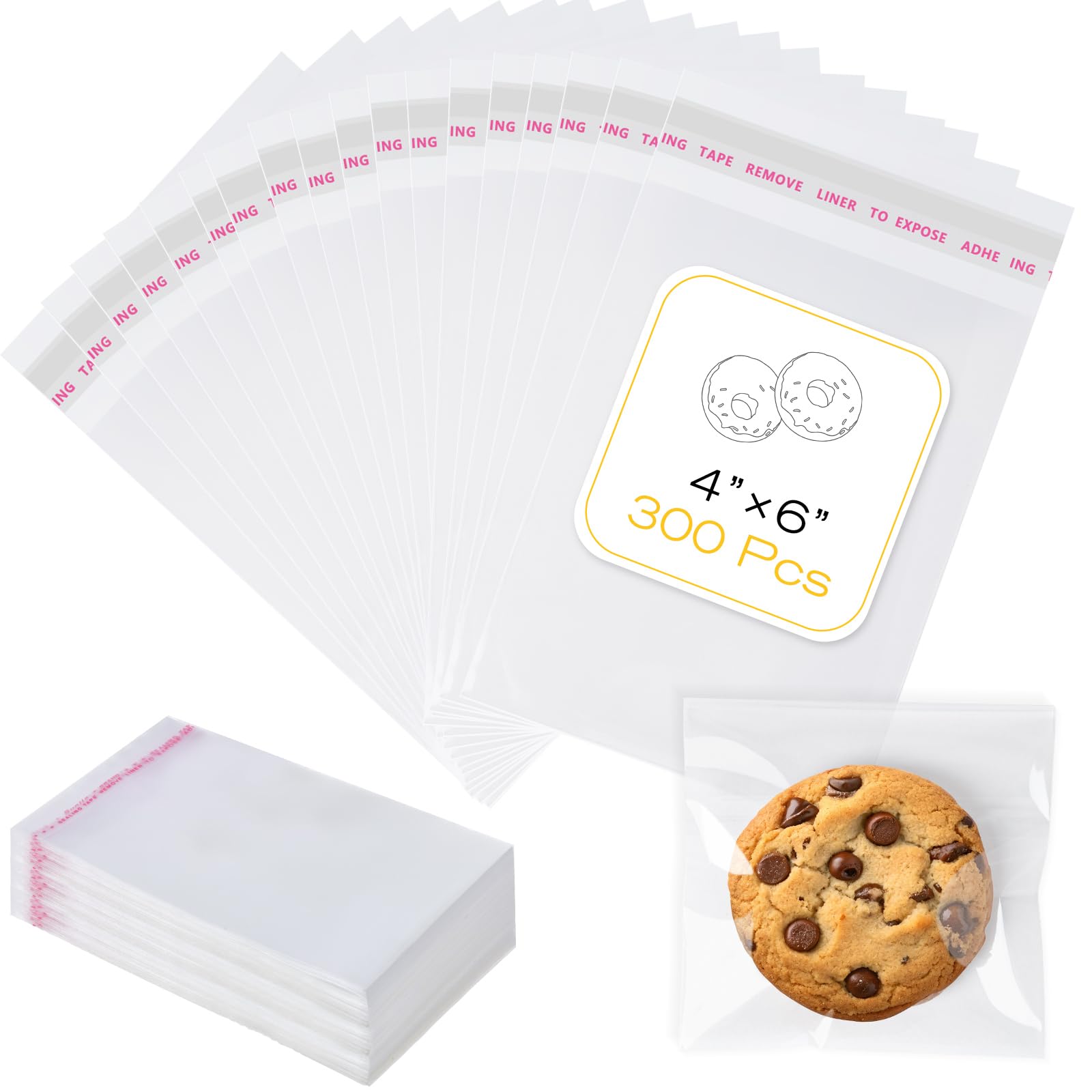 300 Pcs Cookie Bags with Seal, 4x6 Inches Self Sealing Cellophane Bags, Clear Co