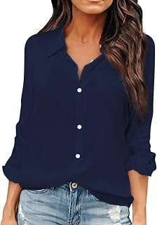 OMSJ Women Button Down Shirts Long Sleeve Chiffon Office V Neck Casual Business Blouses Tops