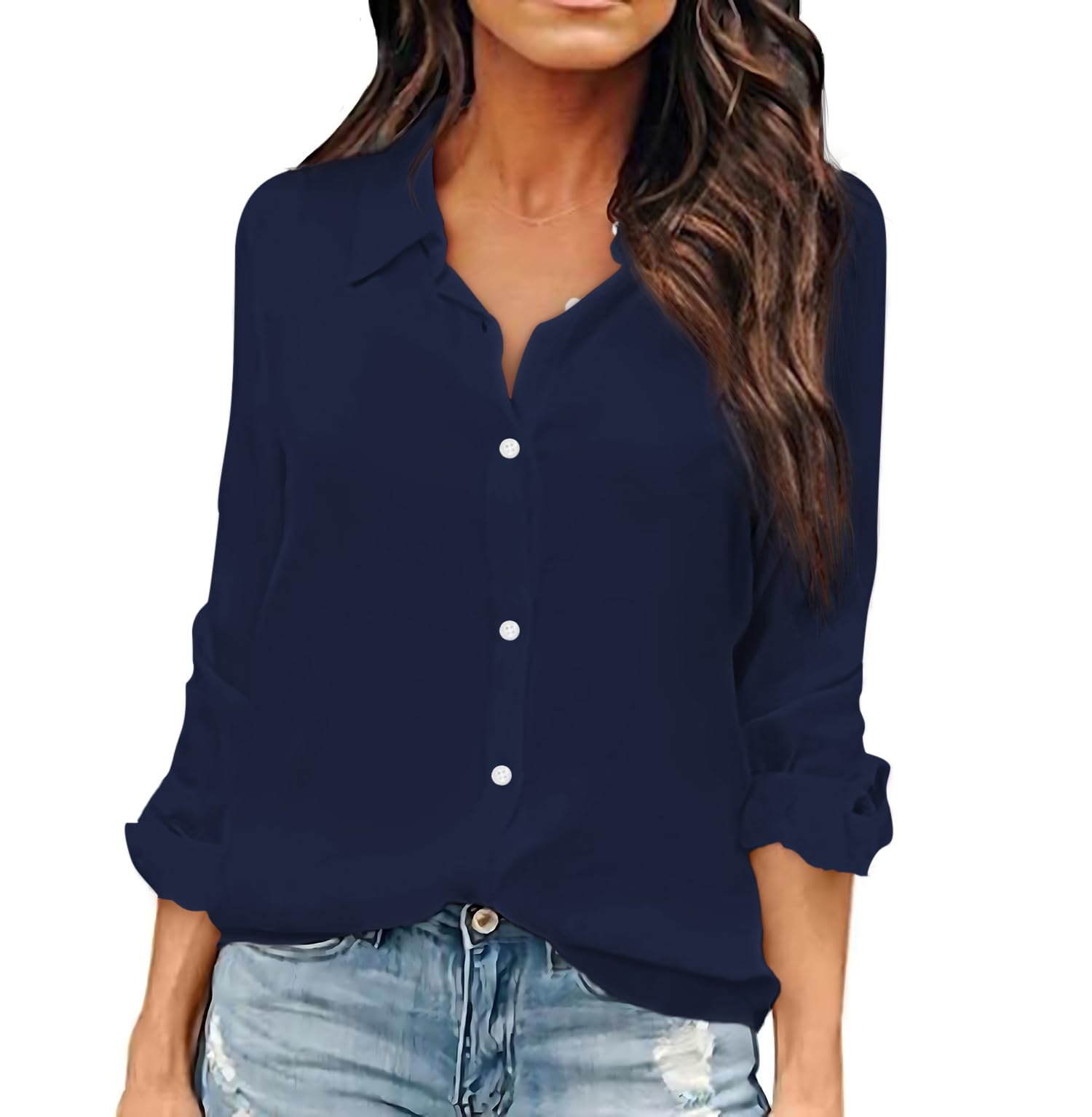 OMSJ Women Button Down Shirts Long Sleeve Chiffon Office V Neck Casual Business 
