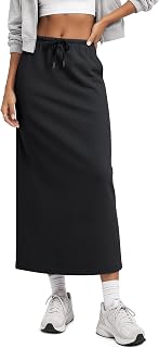 ODODOS Women's Back Split Midi Skirt - Cotton French Terry Drawstring Tie High Waist Casual Long Pencil Skirts with Pockets