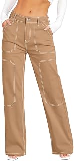 Dokotoo Women's Casual Mid Waist Cargo Jeans Stretch Button Wide Leg Denim Pants with Pockets