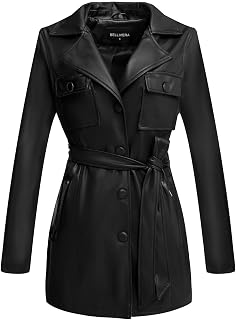 Bellivera Women's Faux Leather Short Jacket Belted Moto Casual Coat with Two Zipper Pockets